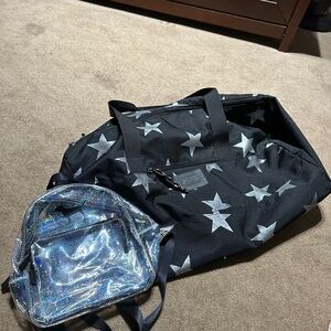 LOVE Pink Black with Silver Stars and clear see-through small back pack.